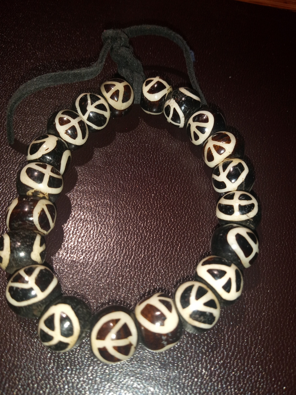 Handcrafted Black and Cream Peace Sign Beaded Bracelet